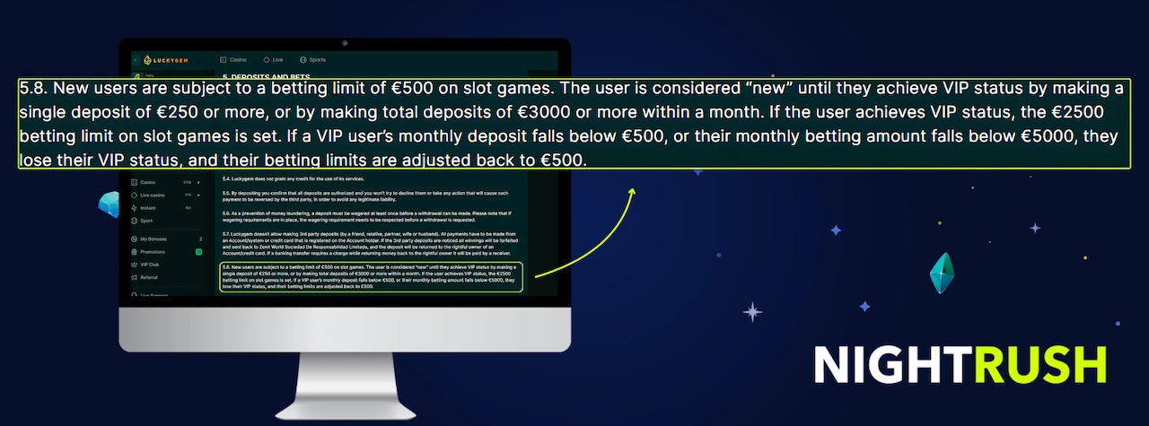 Monitor displaying the T&Cs page for LuckyGem. A callout box highlights section 5.8.