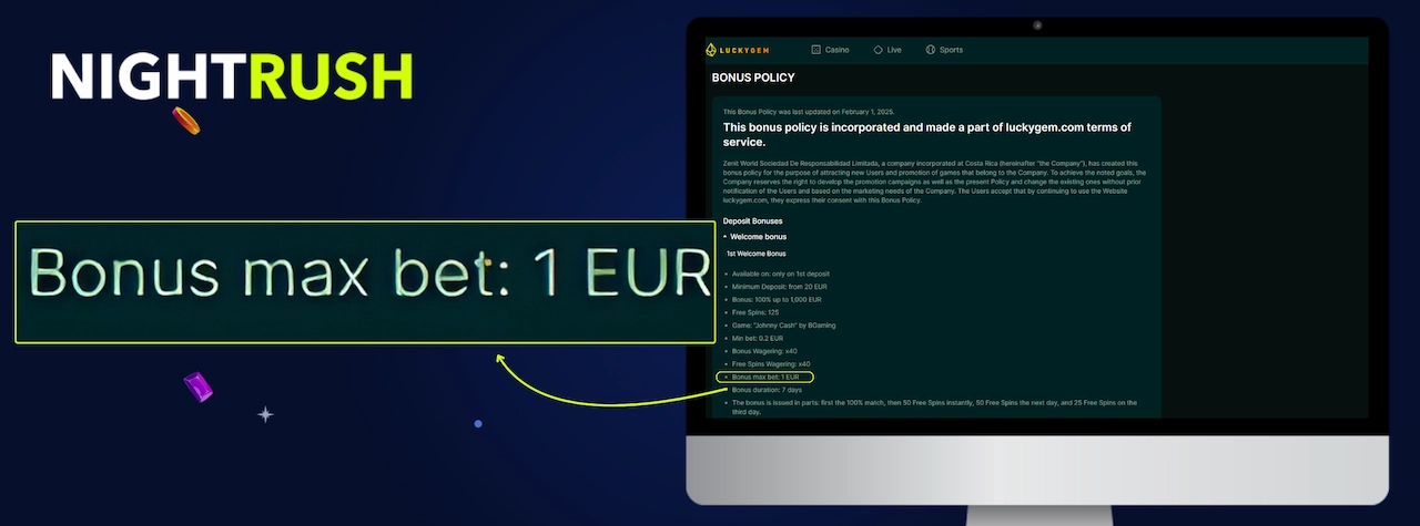 Monitor displaying the bonus terms page for LuckyGem. A callout box highlights maximum bet.