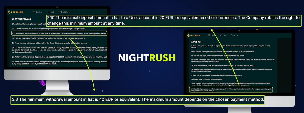 Monitors displaying the payment policy page for LuckyGem. A callout boxes highlight 2.10 and 3.3 terms.