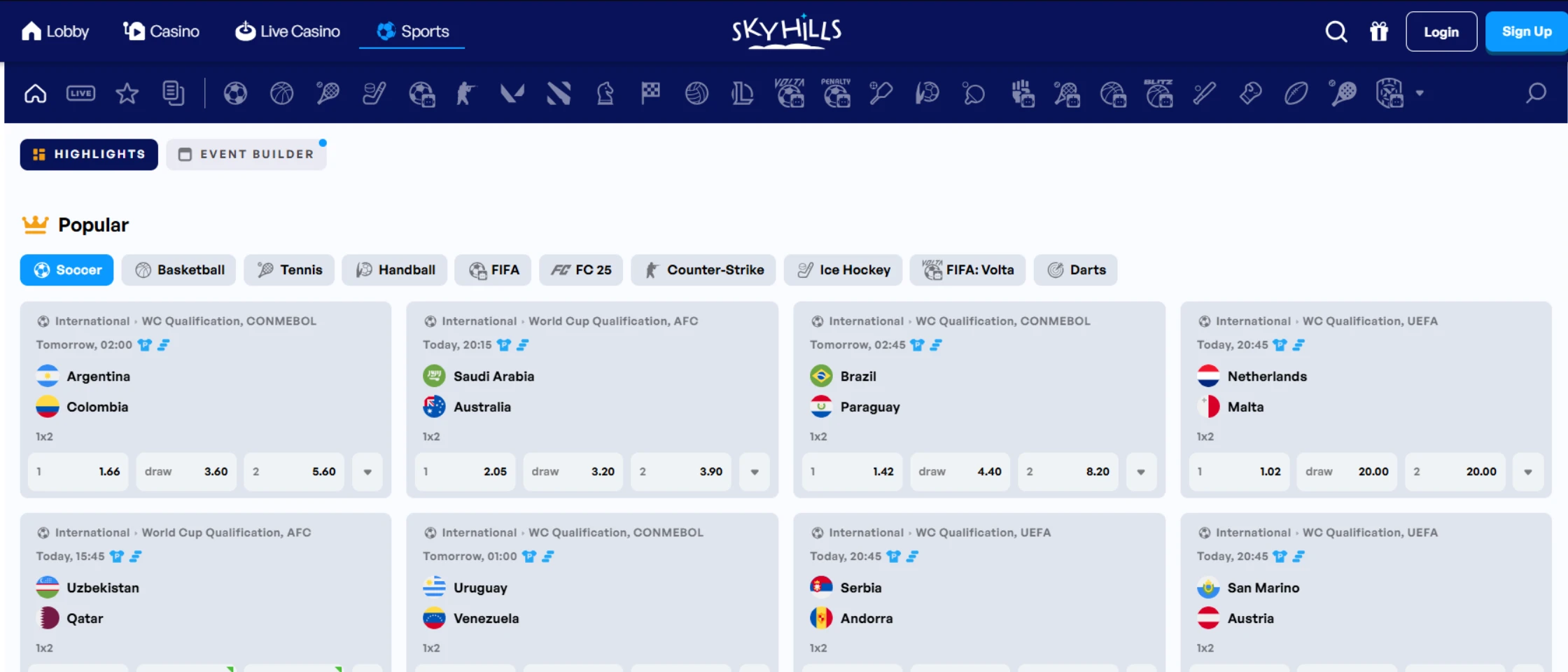 Skyhills betting interface screenshot