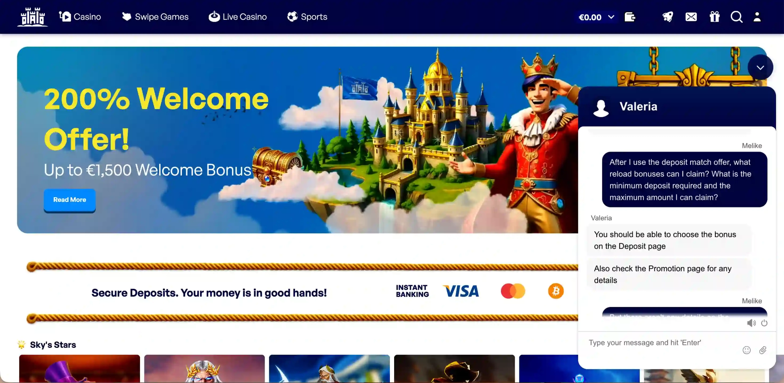 Skyhills Casino Live Chat interface waarop een gesprek met klantenservice te zien is