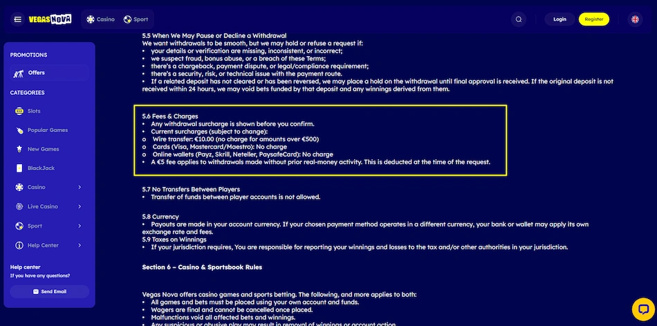 A screenshot from Vegas Nova T&C page with blue background, section 5.6 selected.
