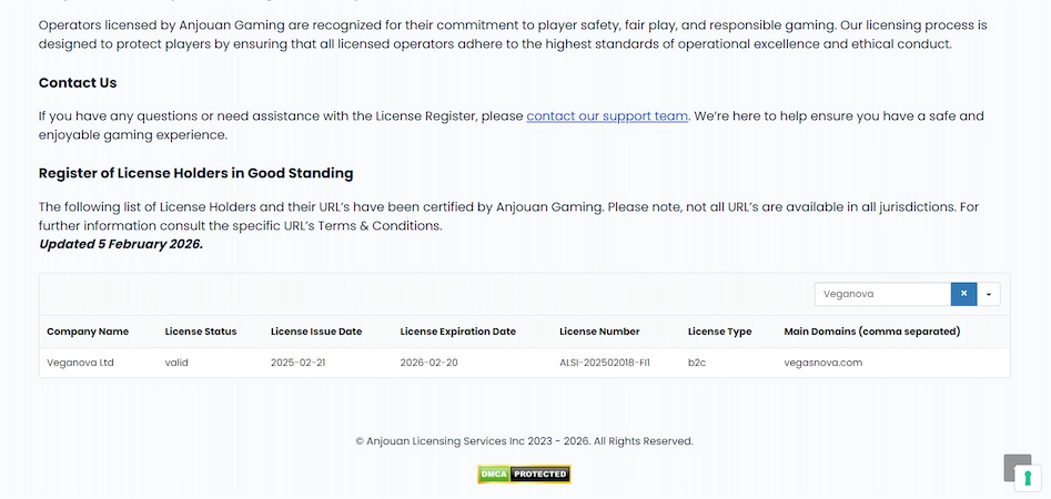 Image displaying Vegas Nova Casino's licence.