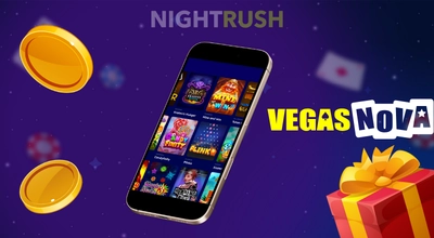 NightRush logo and VegasNova Casino on mobile screen surrounded by a gift box and gold coins.