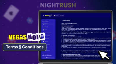 NightRush VegasNova terms and conditions page on laptop screen