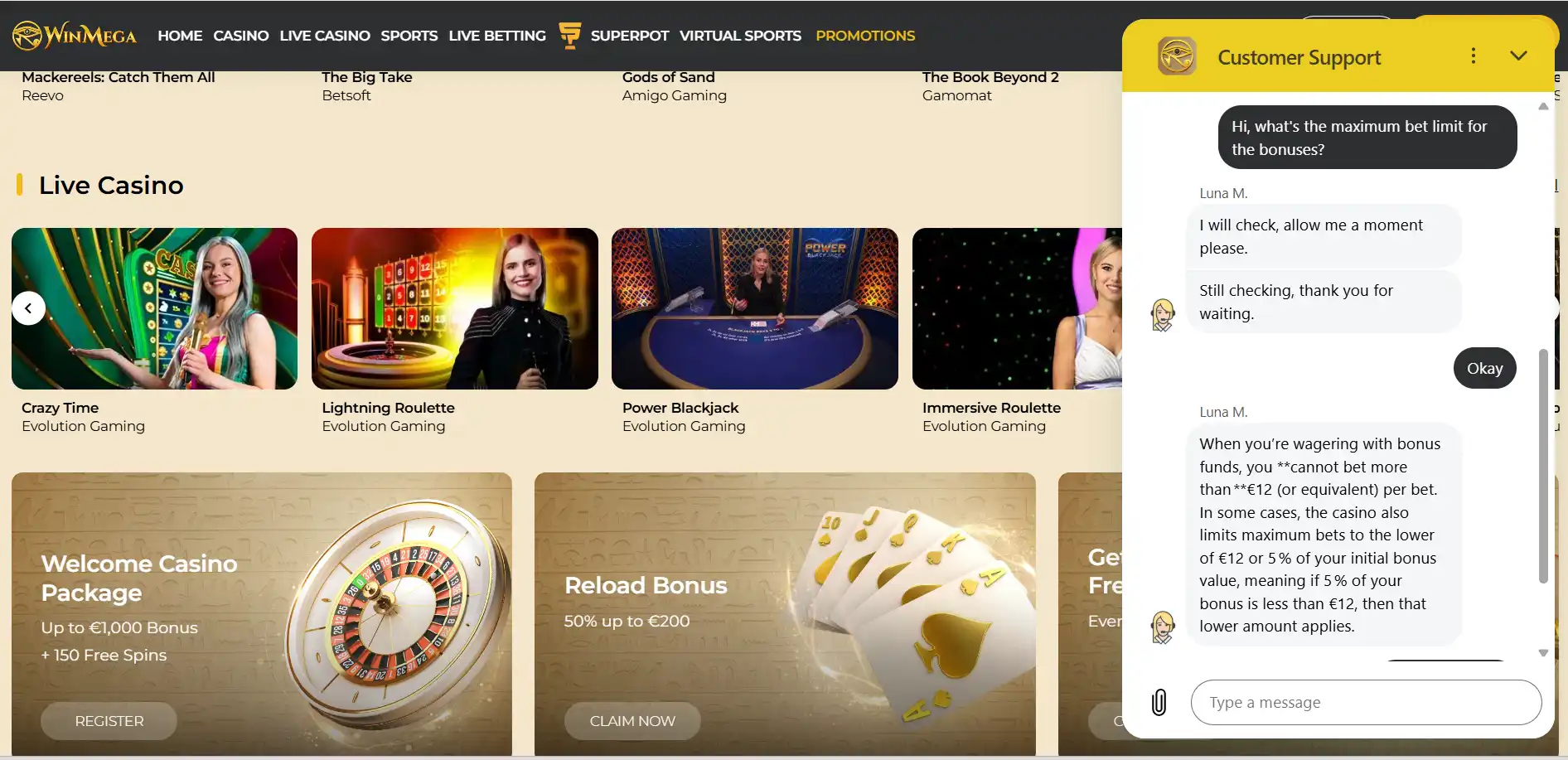 WinMega Casino live chat