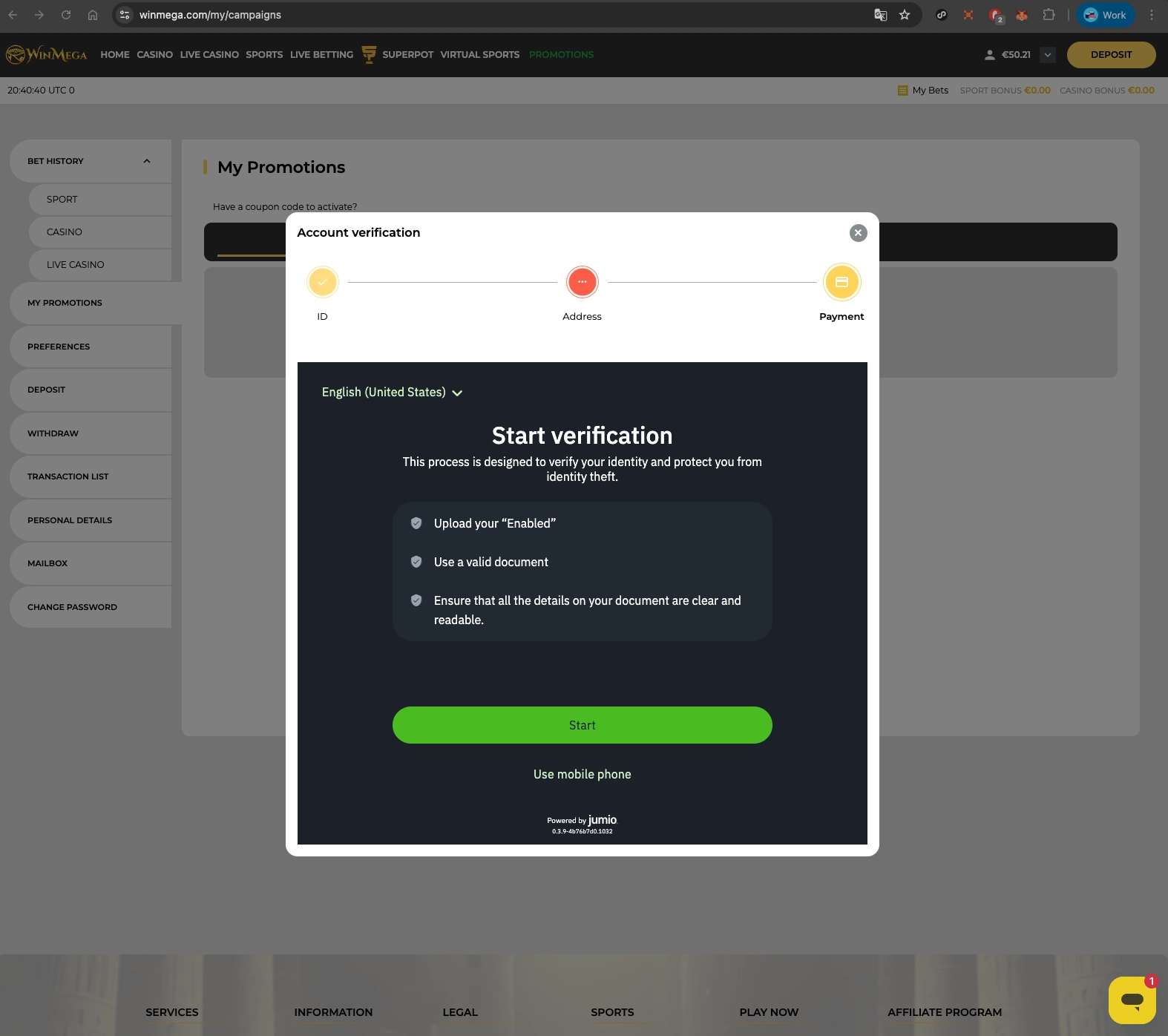 Winmega Casino signing up from desktop.