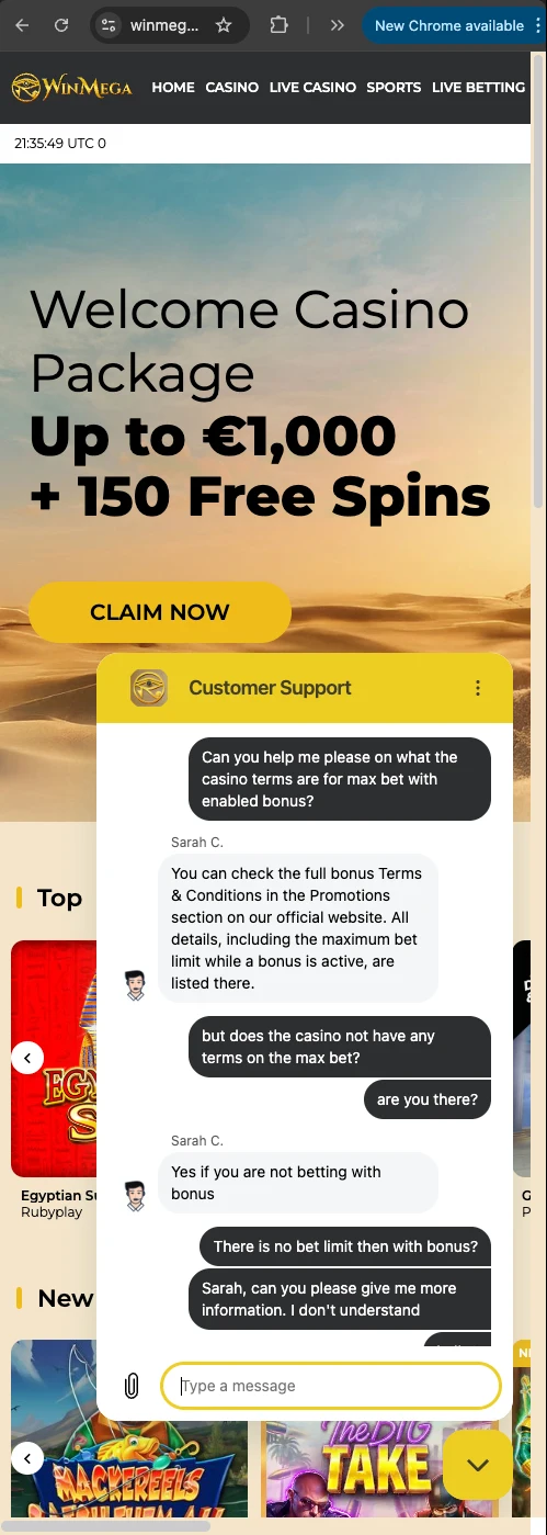 Winmega Casino dialogue with live chat about bonus terms.