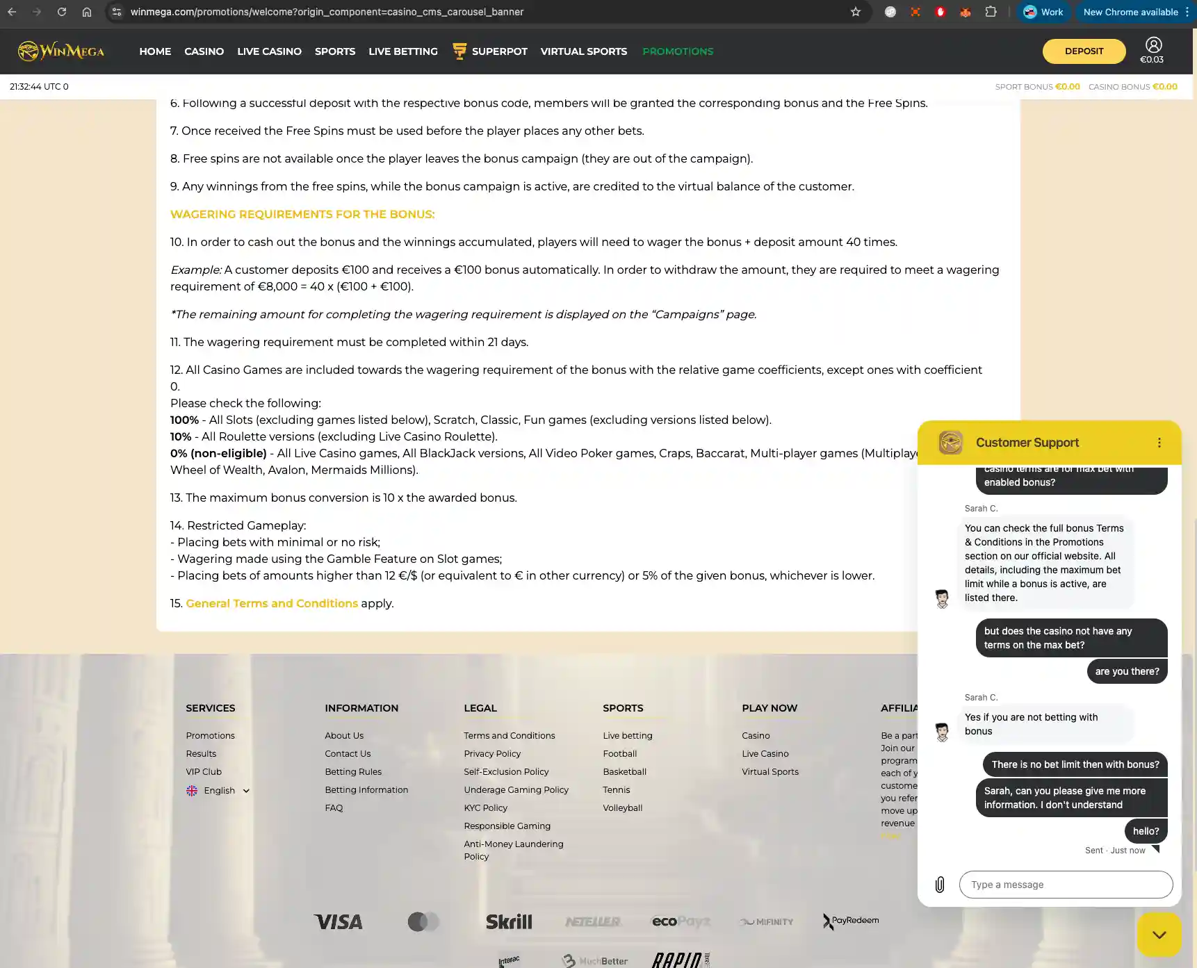 Megawin terms and customer support on desktop.