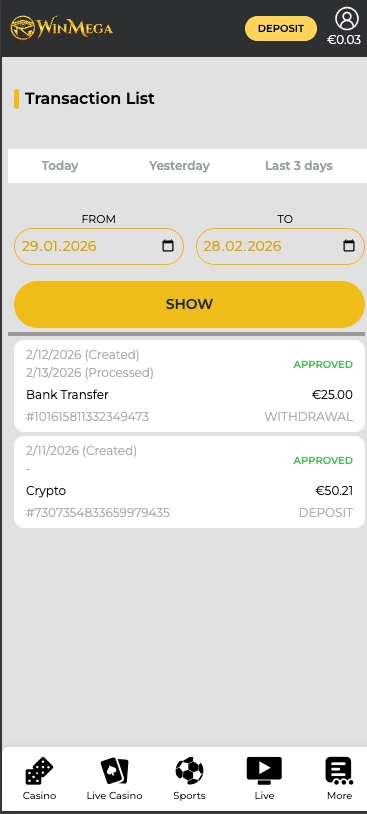 Megawin Transactions list from mobile.