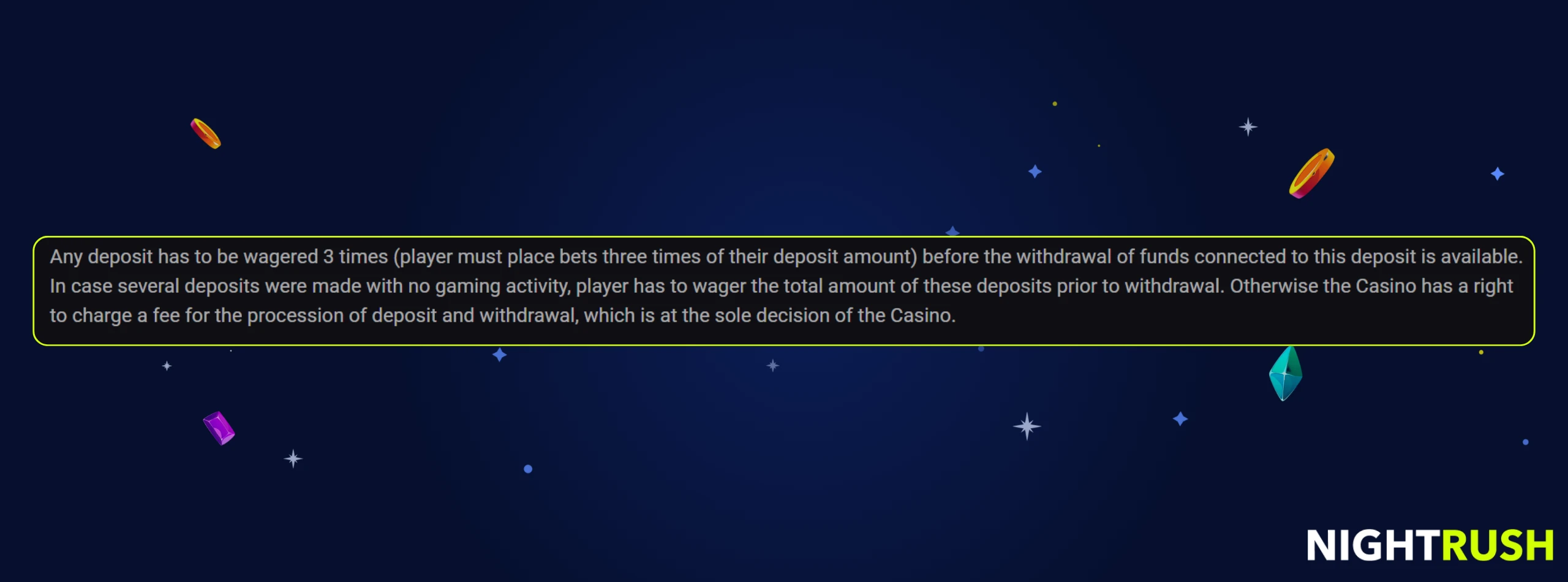 Nova Dreams policy: Deposits must be wagered 3x before withdrawal or a processing fee may apply.
