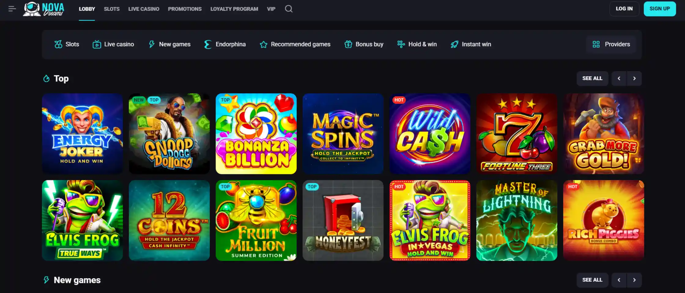Nova Dreams Games selection page.