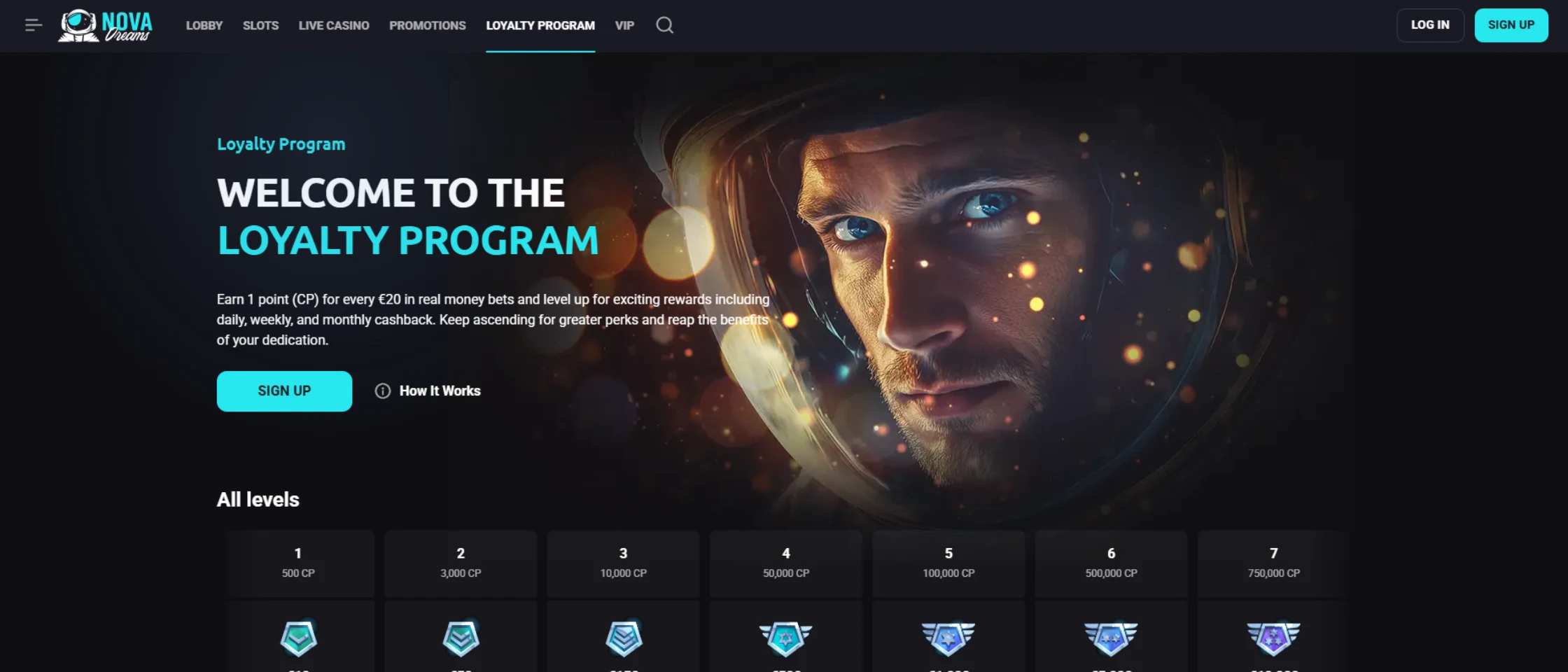 Screenshot of Nova Dreams Casino’s VIP Club.