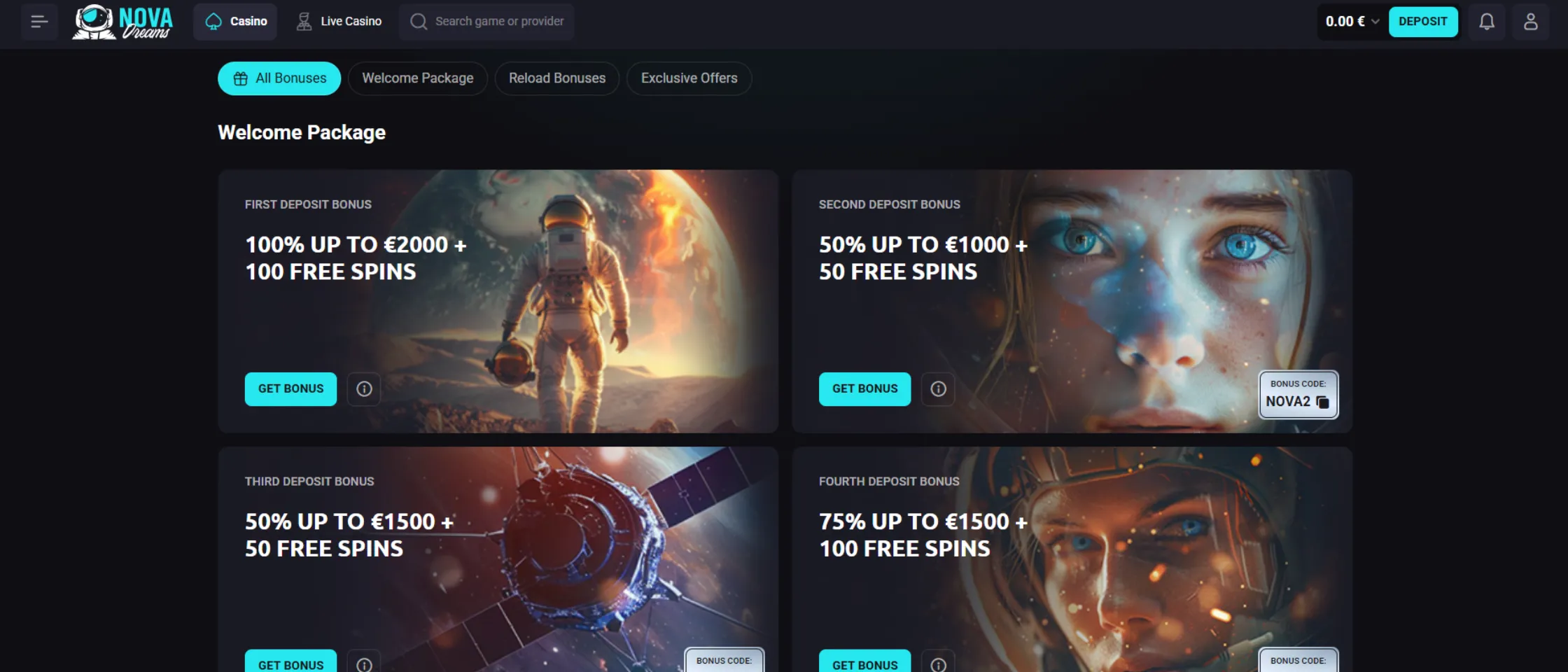 Screenshot of Nova Dreams Promotions page