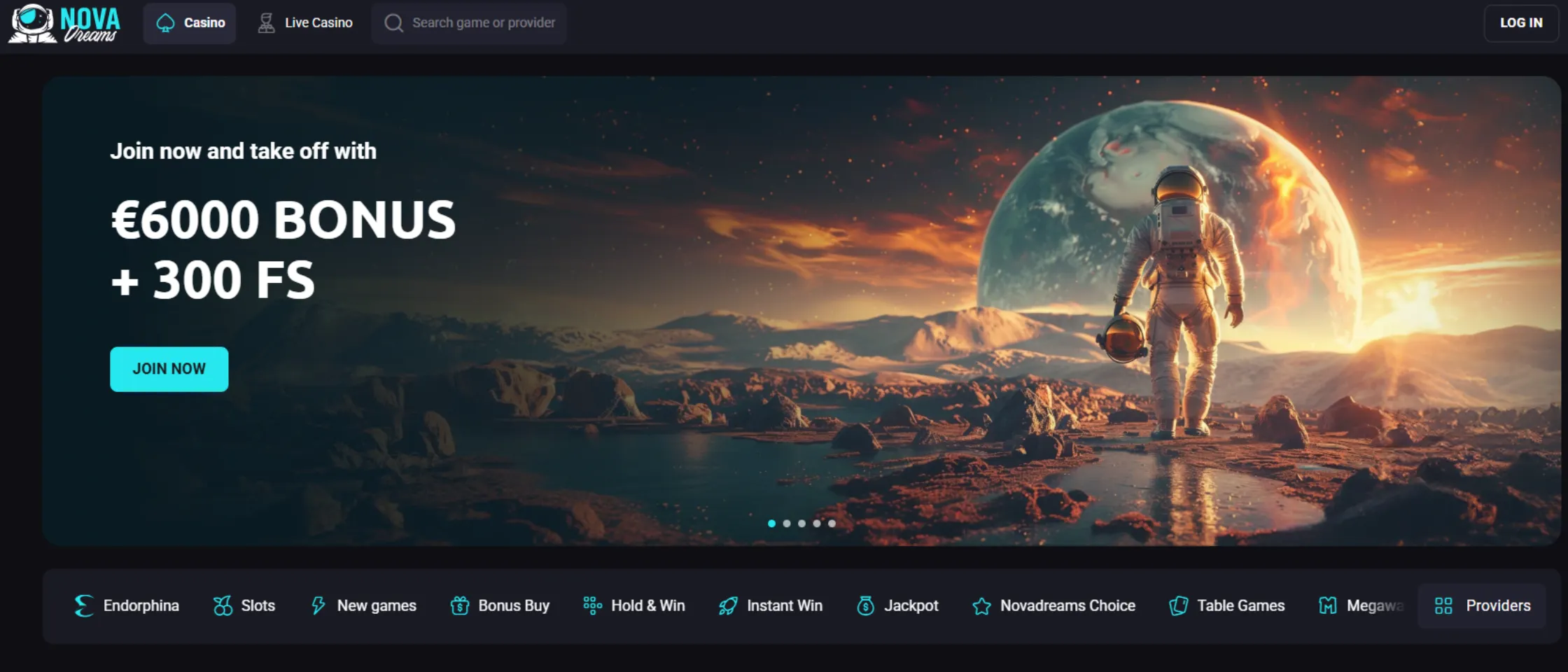 Screenshot of Nova Dreams Casino’s homepage.