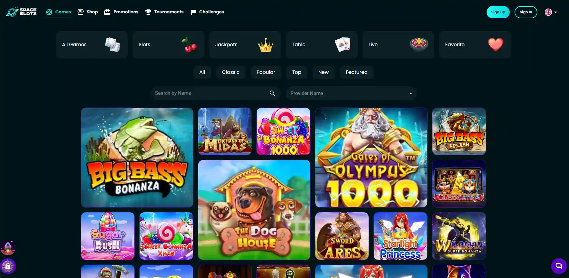 Space Slotz Casino slot games page.