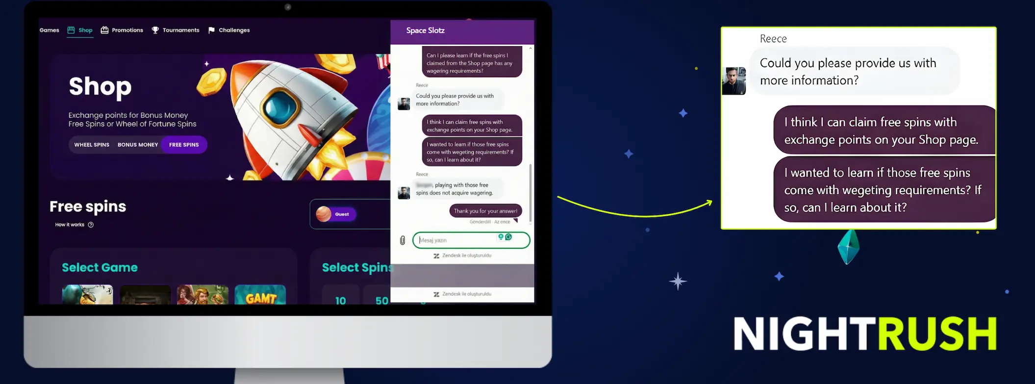 Space Slotz live chat conversation.