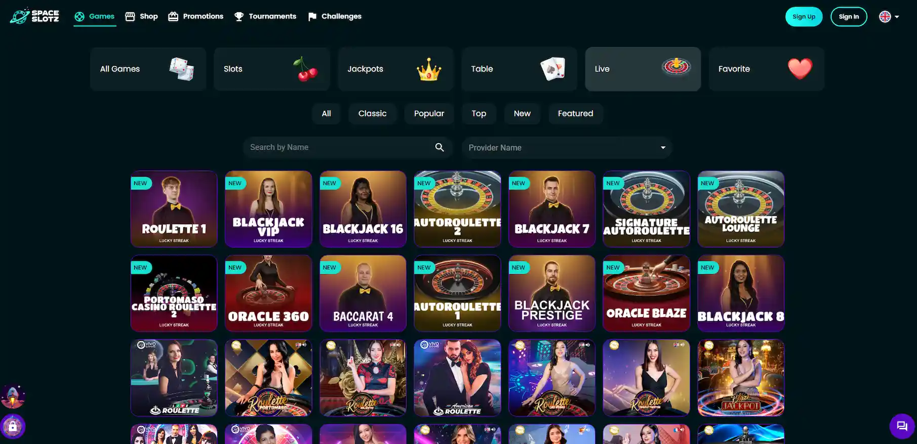 Space Slotz live casino page.