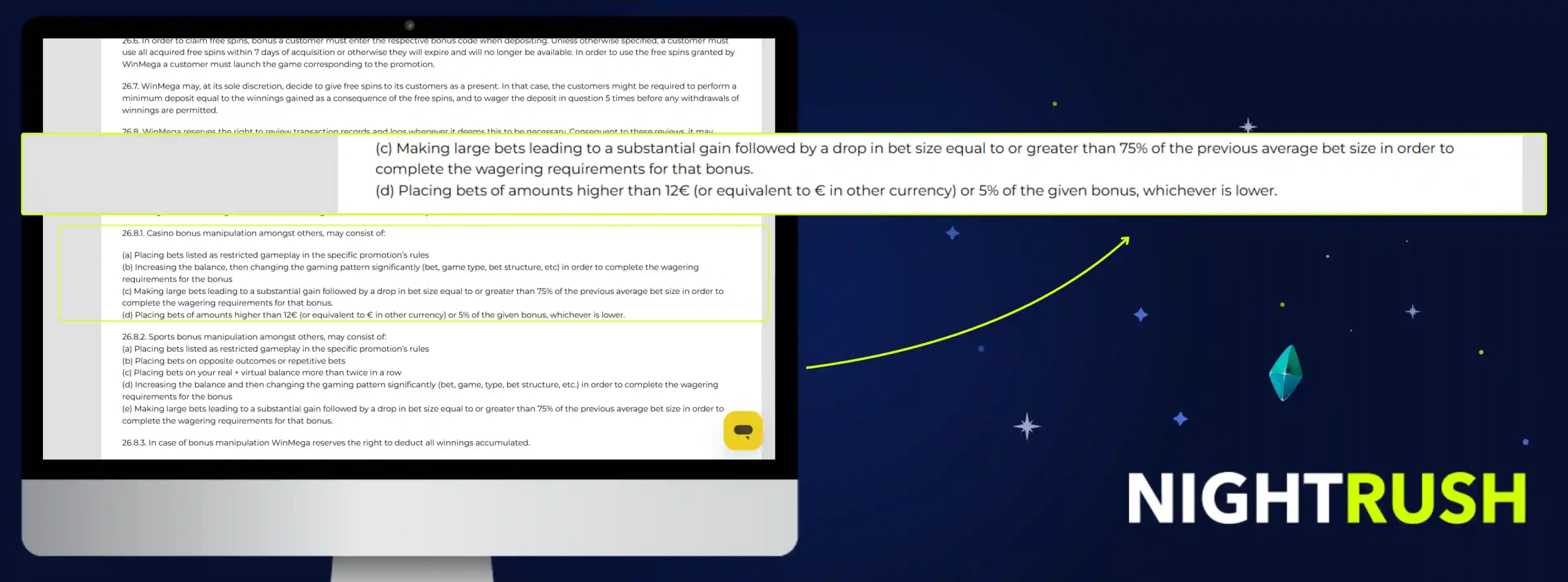 Winmega screenshot of bonus policy
