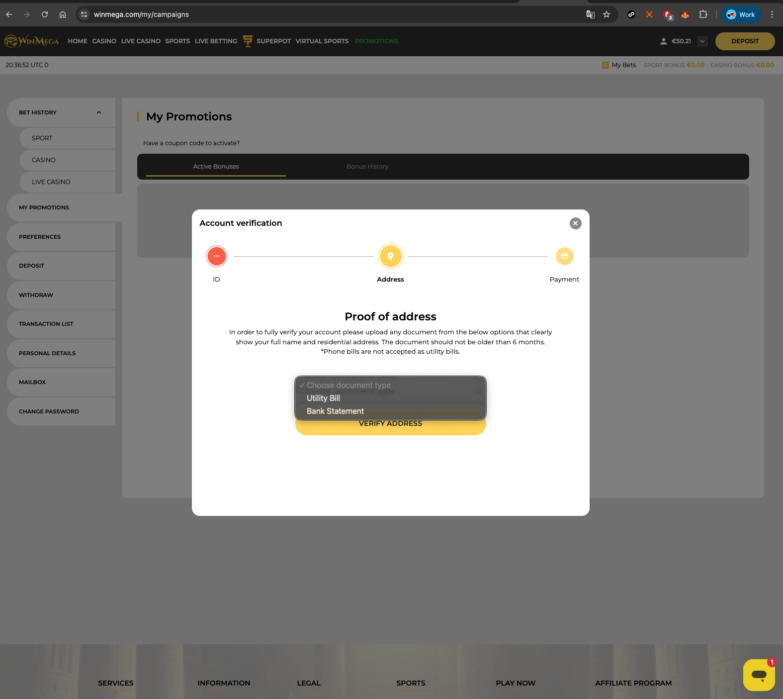 Winmega Casino signing up from desktop.