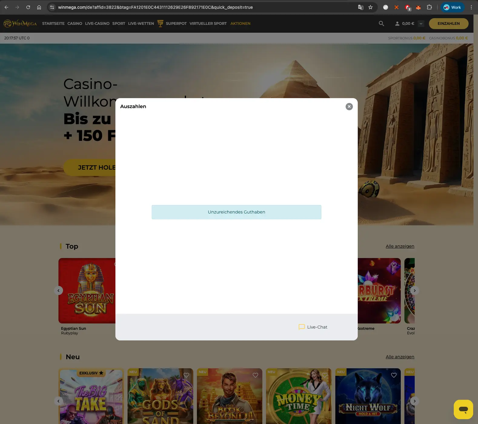 Winmega withdrawal screen.