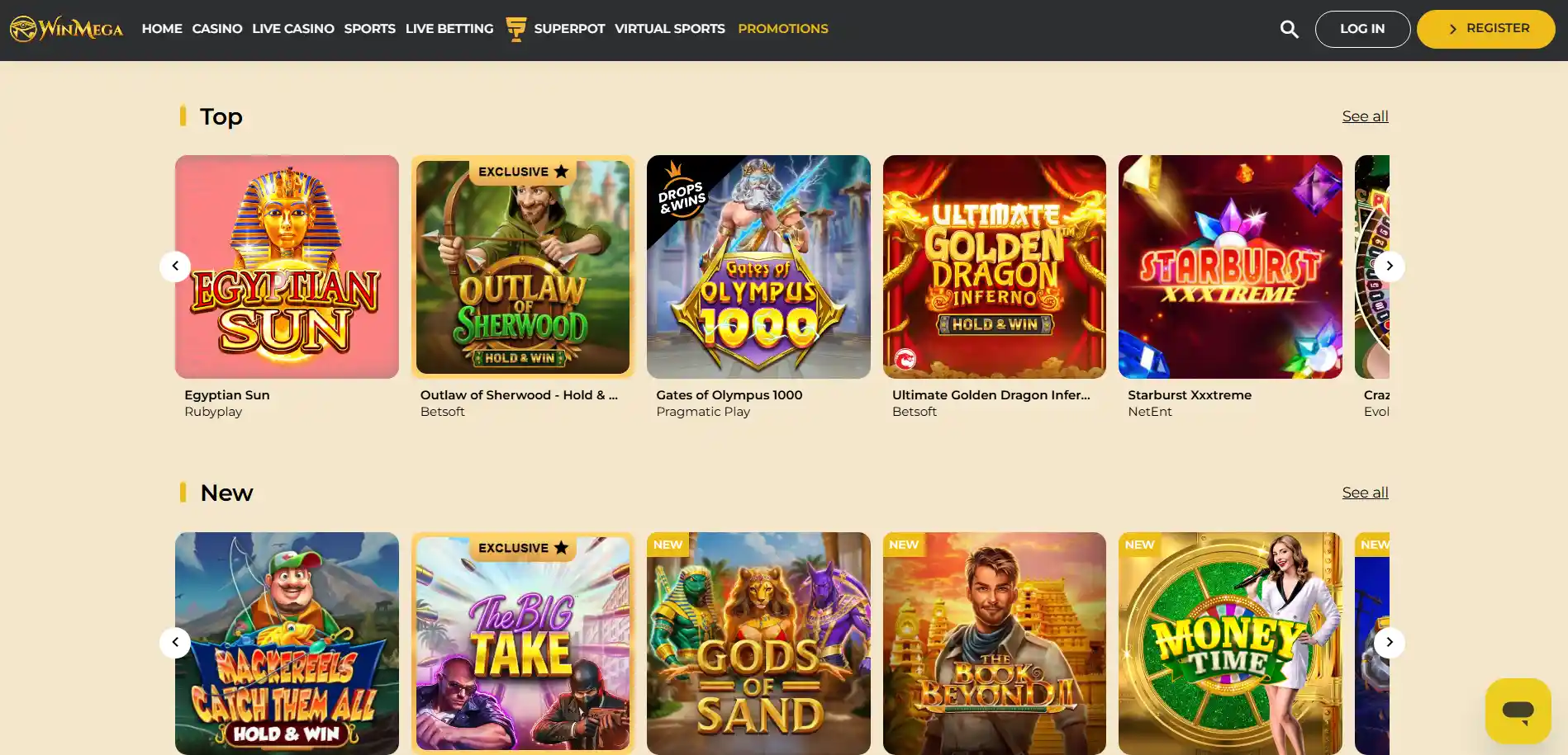 WinMega Casino games on the homepage