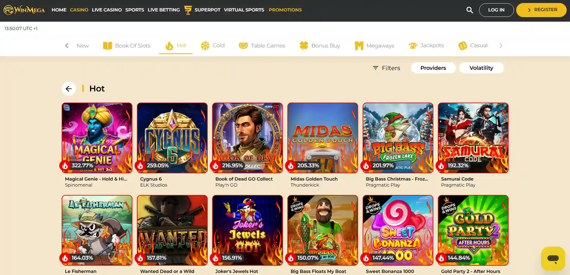 WinMega Casino hot games page.