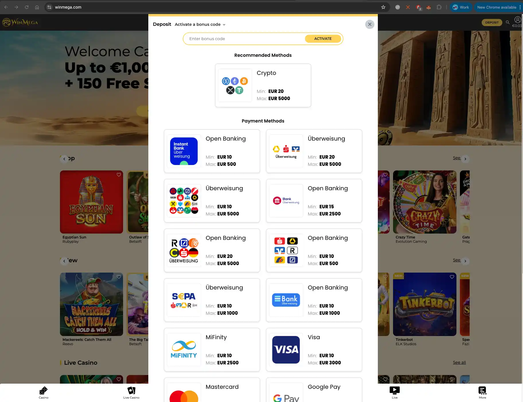 Winmega Casino deposit methods.
