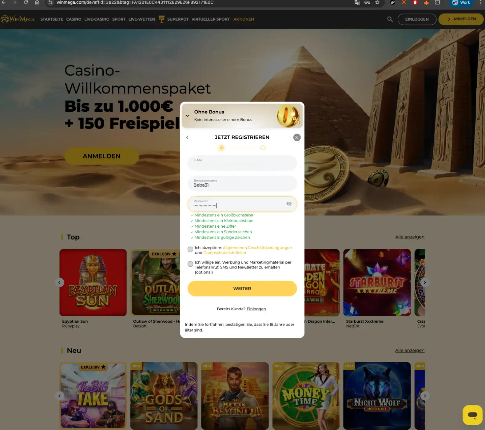 Winmega Casino sign up screen.