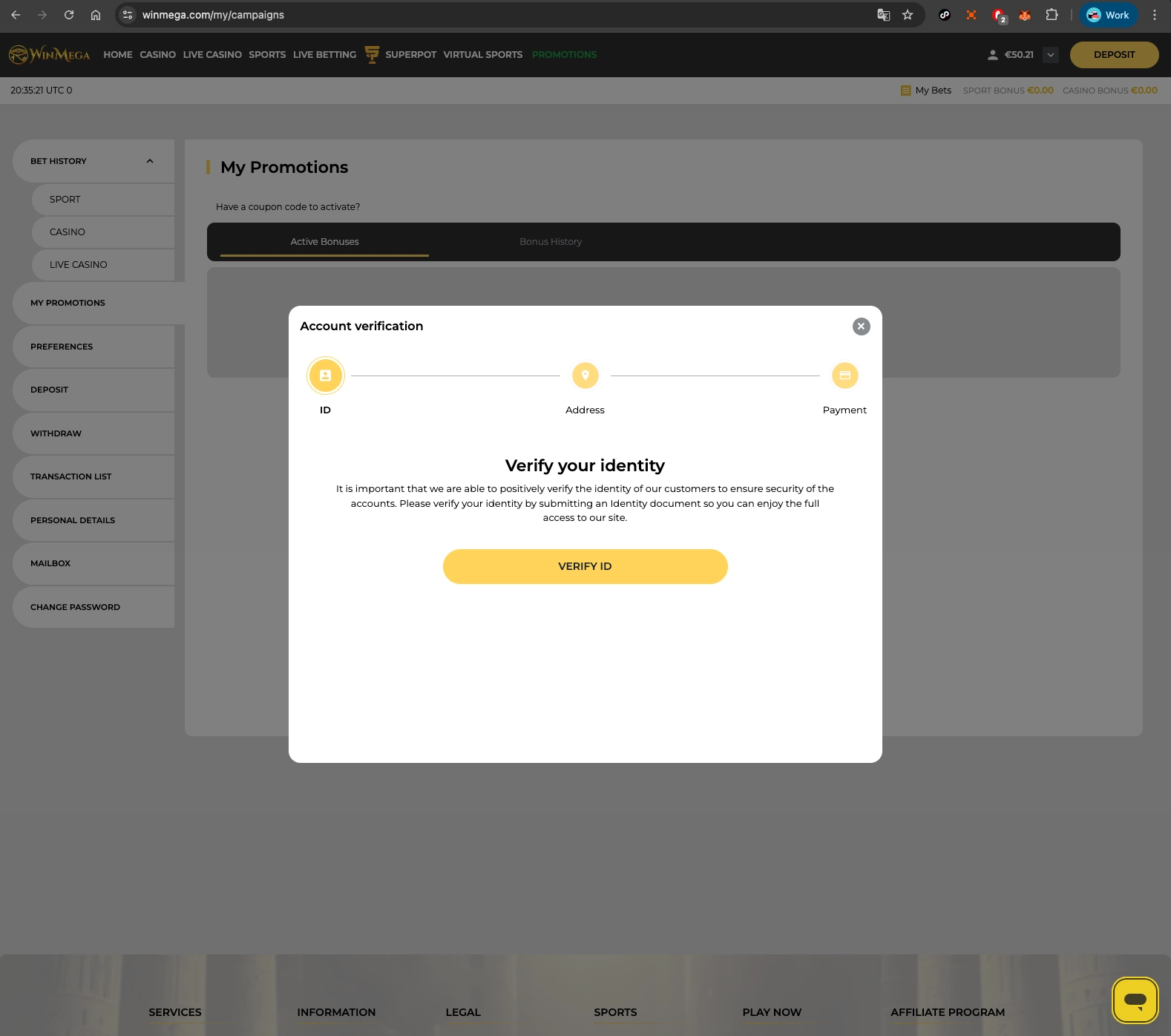 Winmega Casino signing up from desktop.