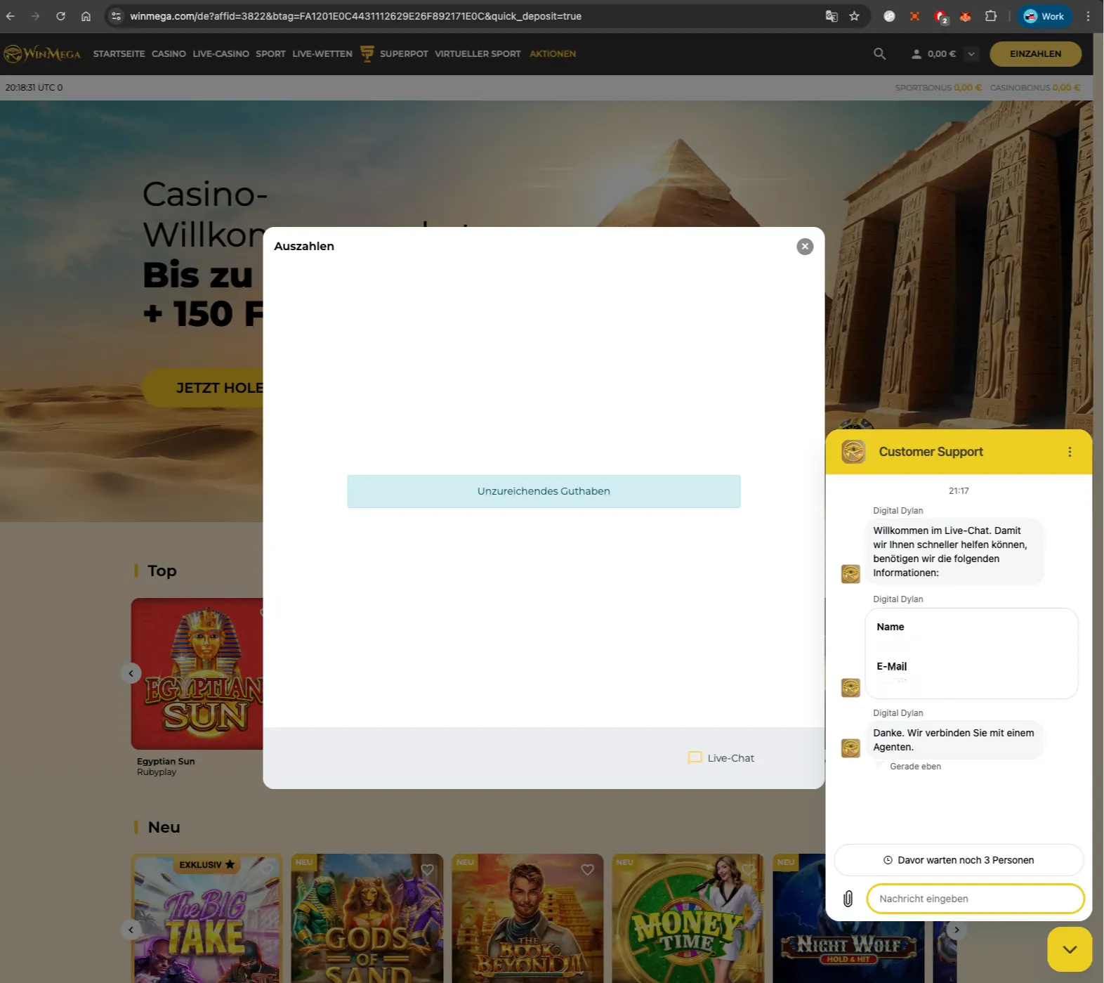 Winmega Casino dialogue with live chat.