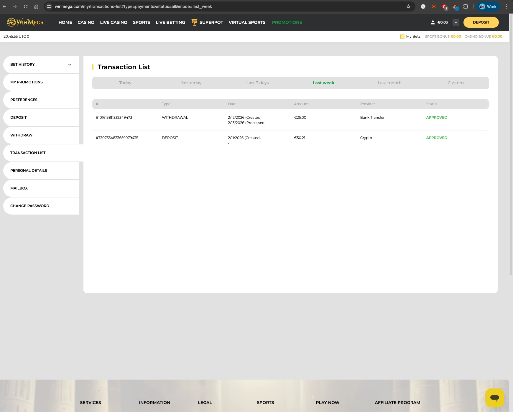 Winmega Transaction list.