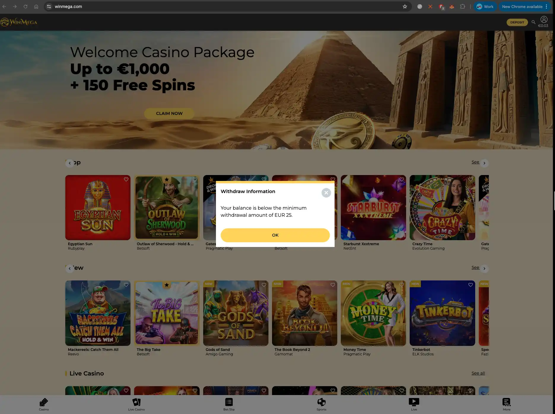 Winmega Casino withdrawal balance warning desktop.