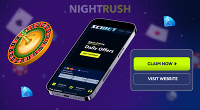 A phone is showing Scibet Casino’s homepage, claim now and visit website buttons, two blue gems, and a roulette wheel on a dark purple background.