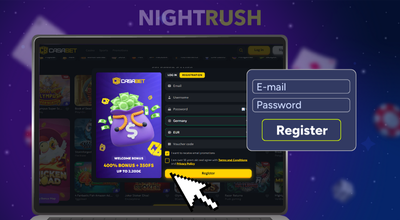 CasaBet casino’s sign-up page, a white cursor, and an email, password and register button.