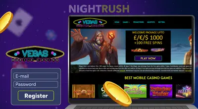 Vegas Mobile Casino on a laptop with an email button and two coins against a blue background.