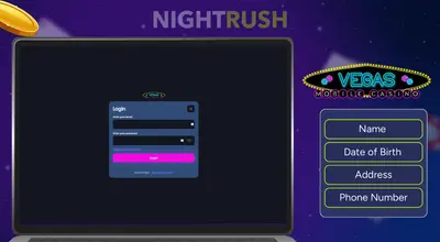 Vegas Mobile Casino on a laptop with personal details and a coin against a blue background.