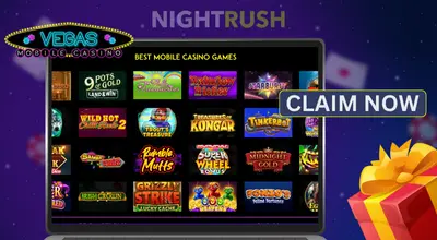 Vegas Mobile Casino on a laptop with a claim now button and a gift box against a blue background.