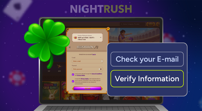 A laptop displaying the Abu King casino website with a pop-up registration form, next to a large four-leaf clover. Another pop-up prompts the user to Check your E-mail and Verify Information.