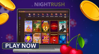 A laptop displaying the Abu King casino website with various slot games, a PLAY NOW button, floating gold coins, and cherries.