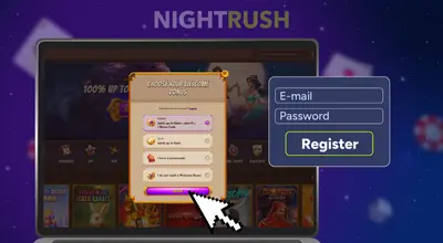A laptop displaying the Abu King casino website, with a pop-up registration form showing E-mail and Password fields, and a mouse pointer hovering over the Register button.