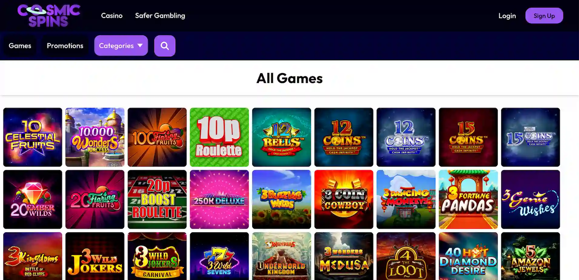 Cosmic Spins Casino game selection.