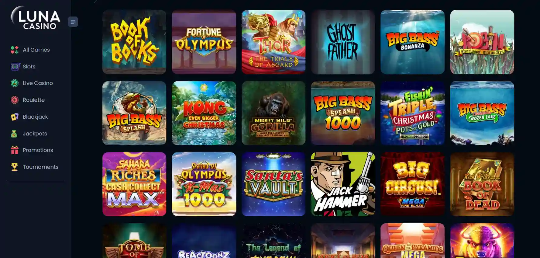 Luna Casino's game selection with selected casino games and a menu on a blue setting.