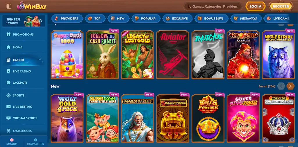 Winbay Casino game selection.