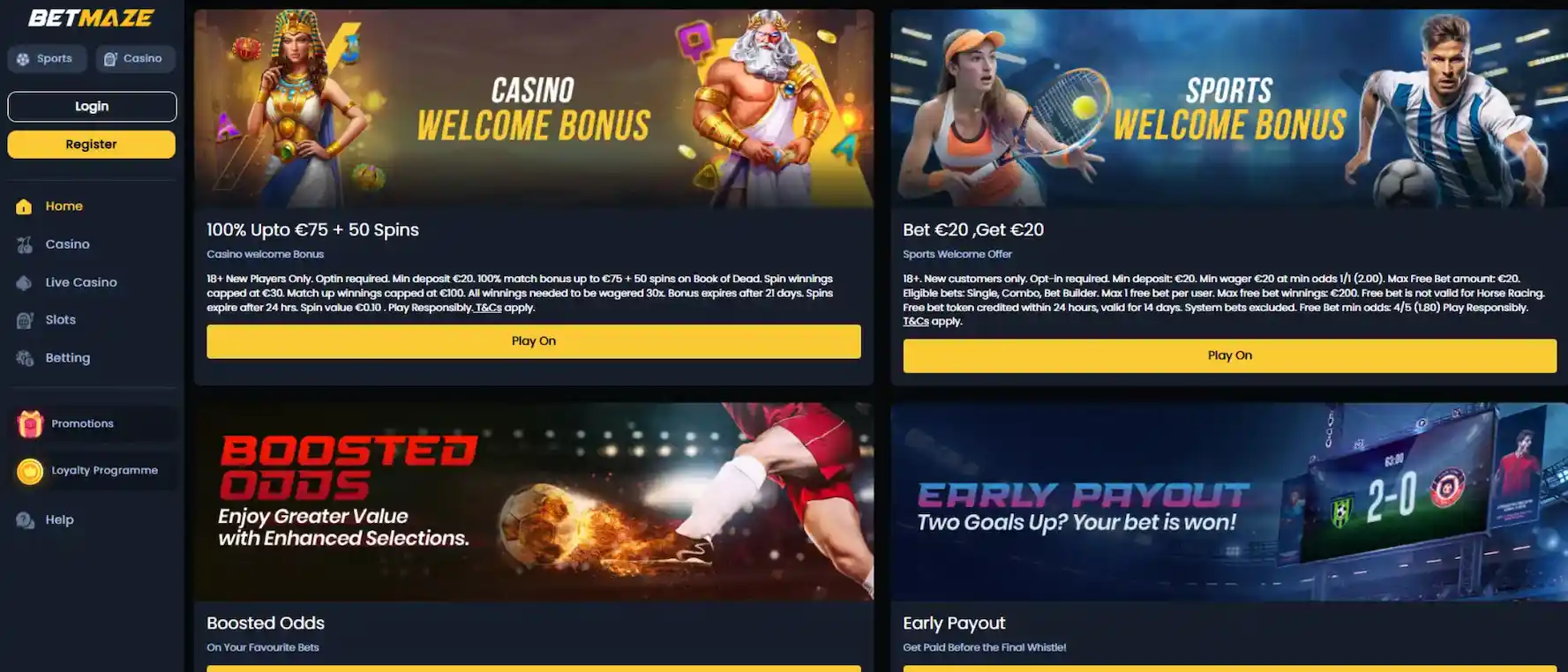 Screenshot of betmaze casinos promotions page