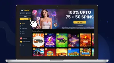Laptop shows Betmaze Casino website with indicator indicating Register button.
