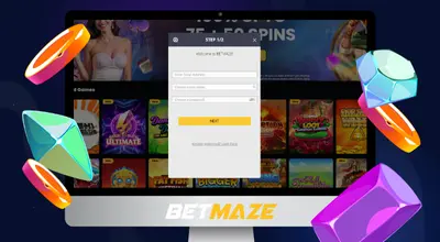 Laptop shows Betmaze Casino's registration form.