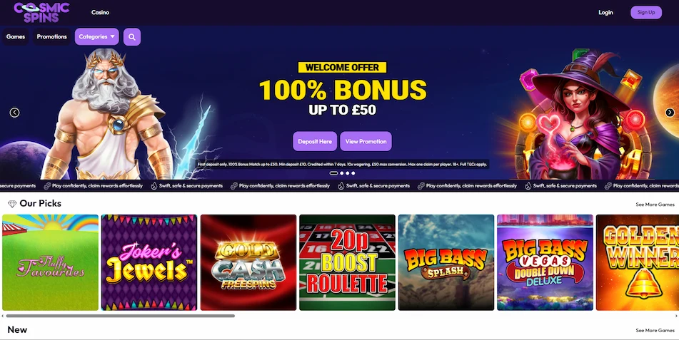 Cosmic Spins Casino homepage.