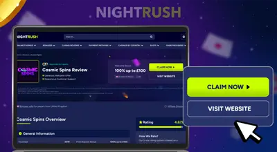 A laptop screen displaying a casino review page with a large green CLAIM NOW button.