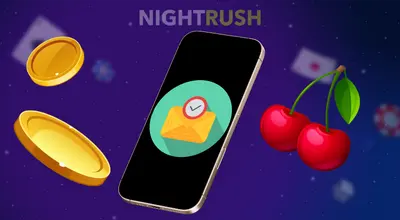 A mobile phone displaying a verified email icon next to floating gold coins and cherries.
